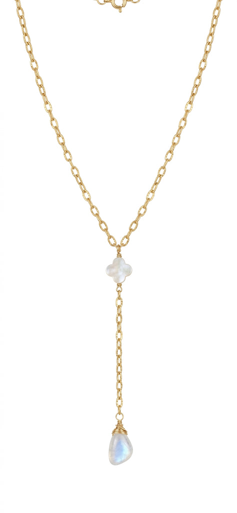 Gold lariat necklace clover moonstone close-up - elegant Y necklace California handmade