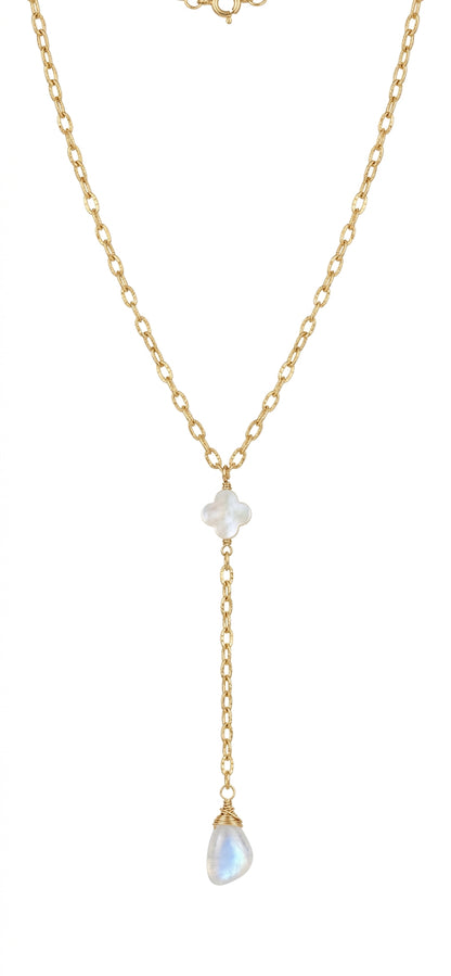 Gold lariat necklace clover moonstone close-up - elegant Y necklace California handmade