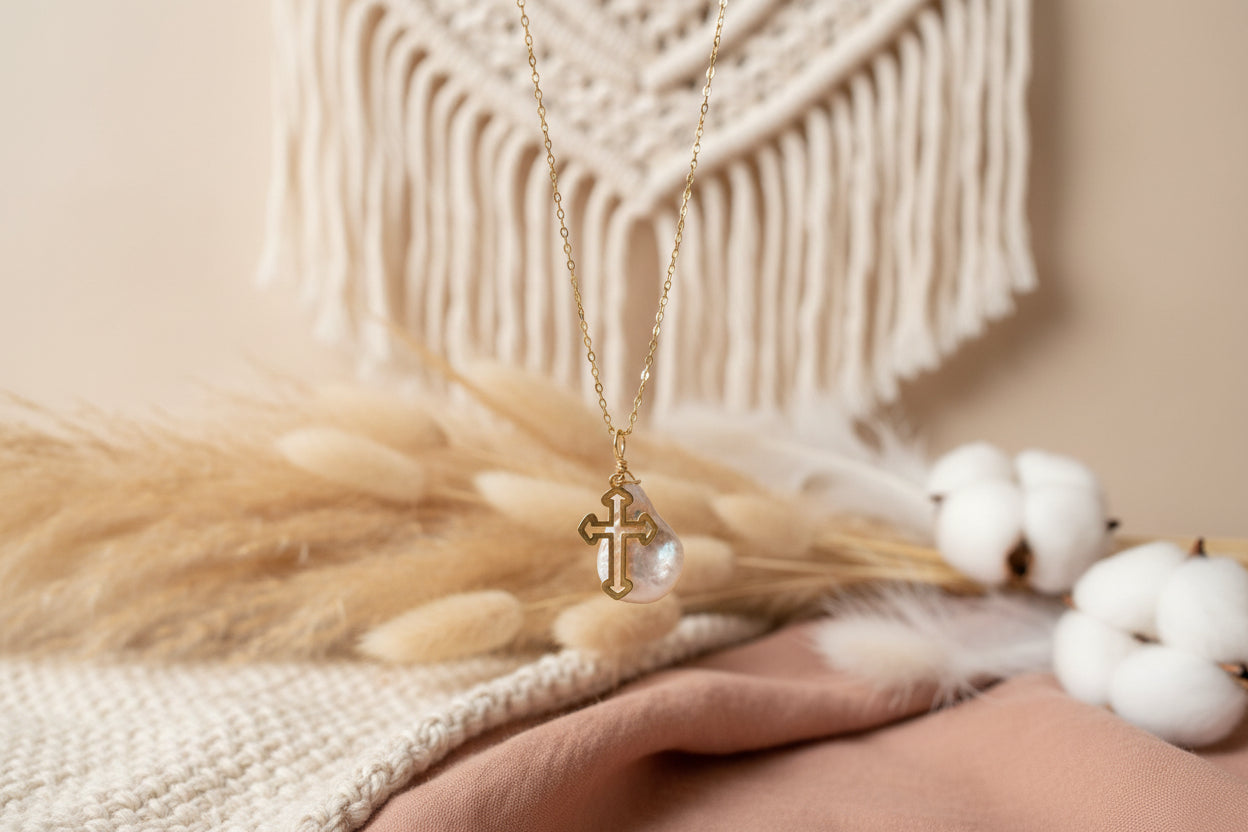Grace baroque pearl necklace layered look - freshwater pearl gold cross waterproof jewelry gift ready