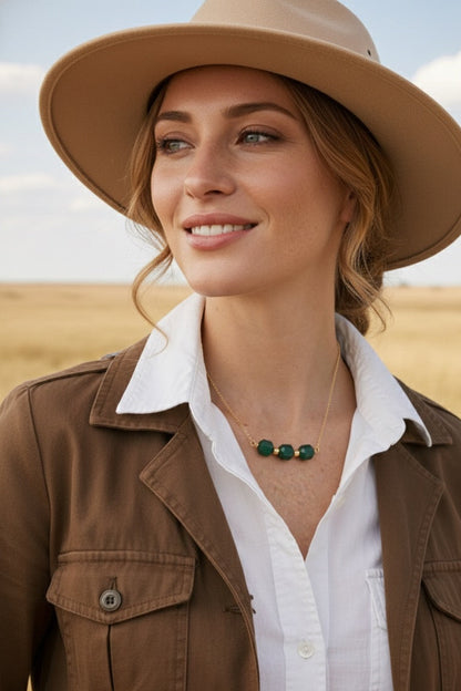 Green agate necklace - handmade dainty bar necklace on model