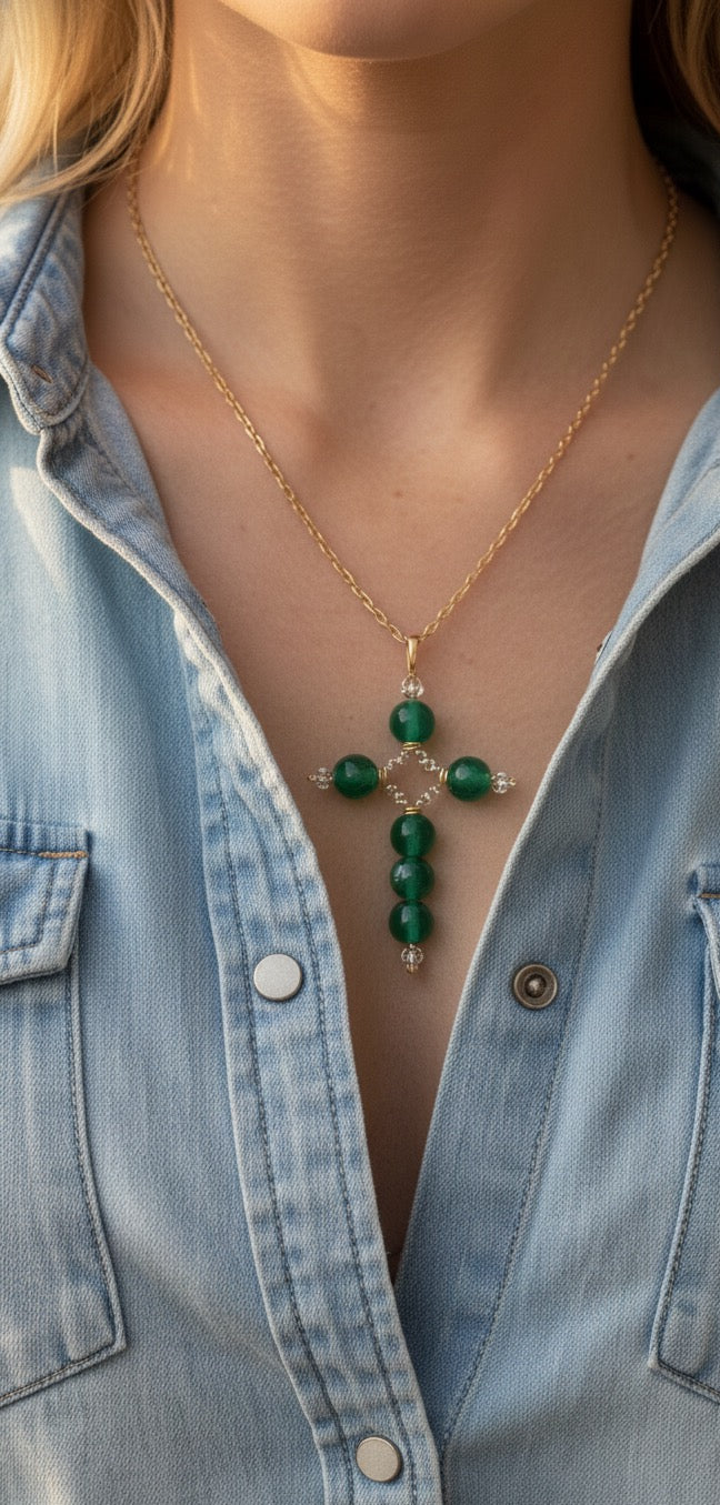 Handcrafted crystal cross pendant detail - sparkle gemstone Christian necklace