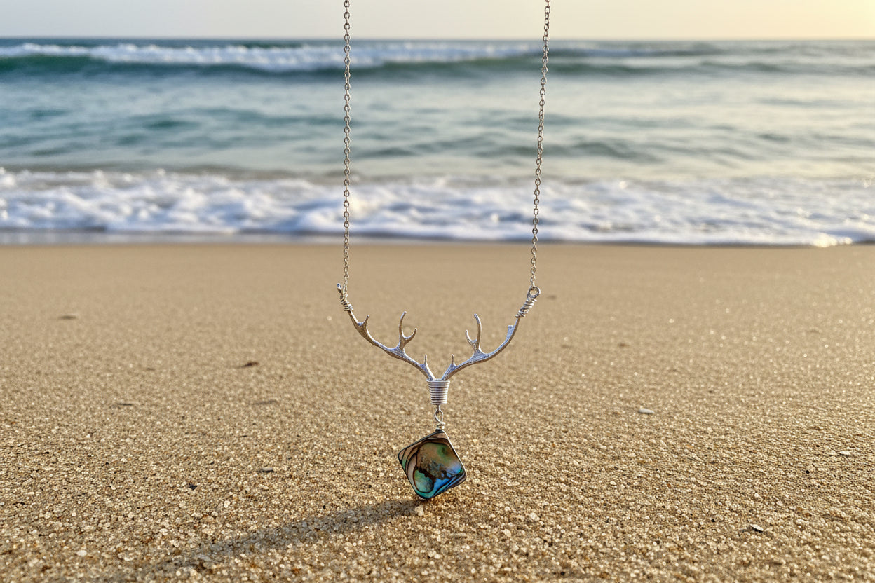 Handcrafted deer antler necklace - natural abalone shell boho coastal jewelry