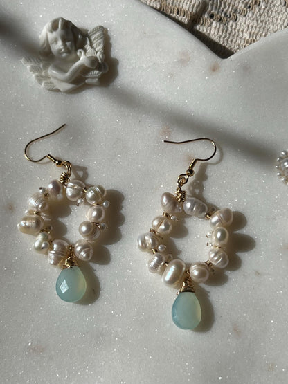 Handcrafted pearl and aqua onyx dangle earrings - timeless elegant jewelry