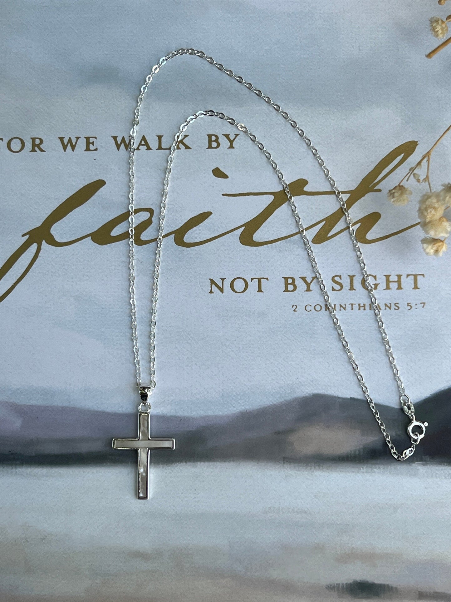 Handmade Christian cross necklace in 925 sterling silver with pearl inlay