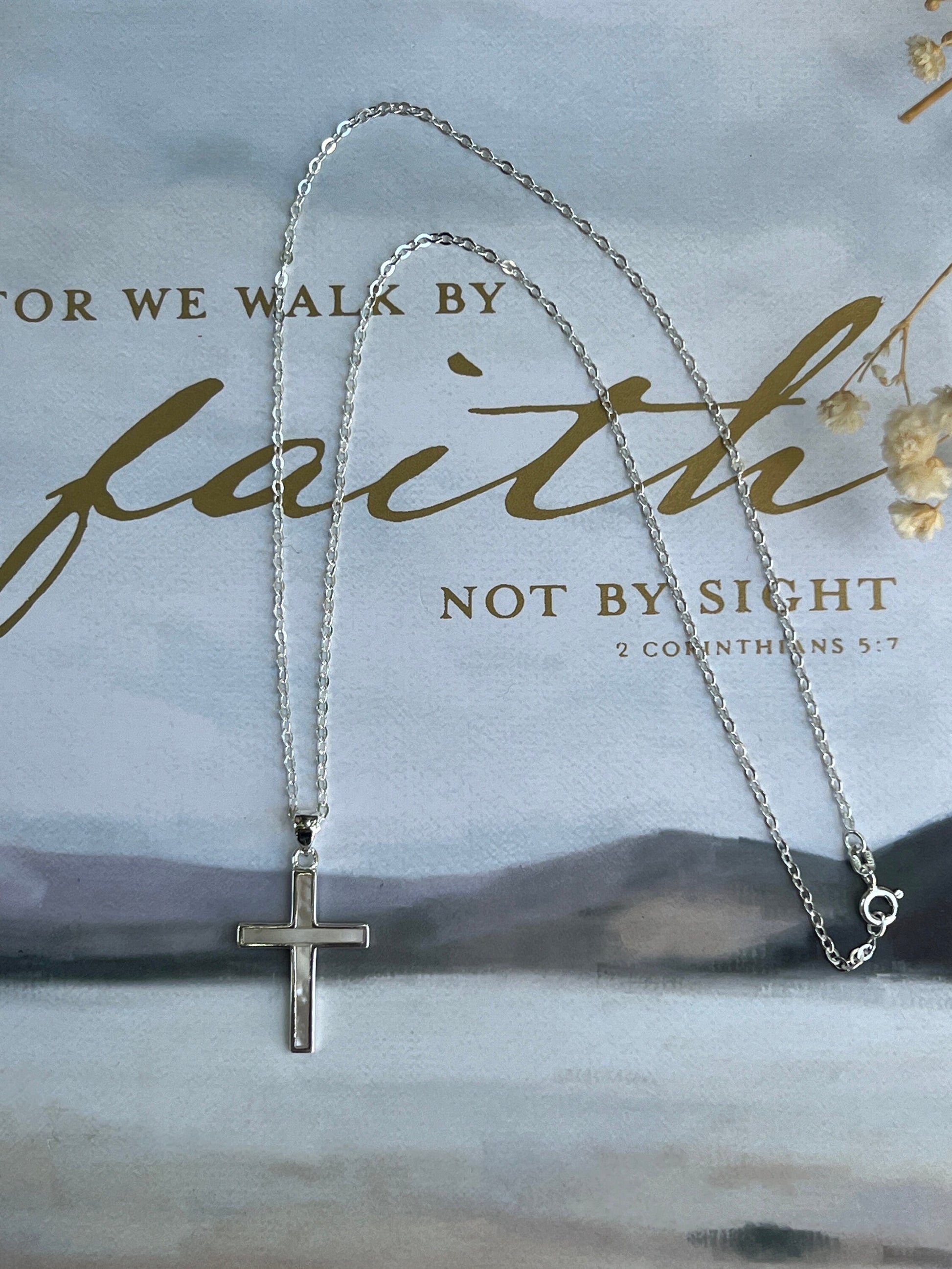 Handmade Christian cross necklace in 925 sterling silver with pearl inlay