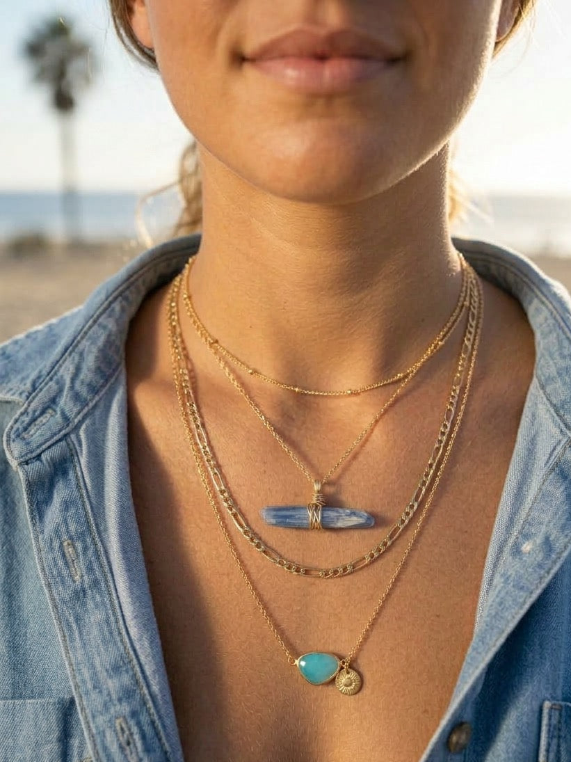 Handmade kyanite necklace in sterling silver chain, California artisan jewelry