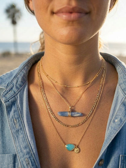 Handmade kyanite necklace in sterling silver chain, California artisan jewelry