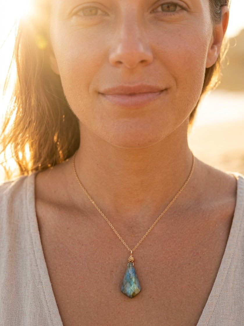Handmade labradorite necklace in sterling silver chain, California artisan jewelry