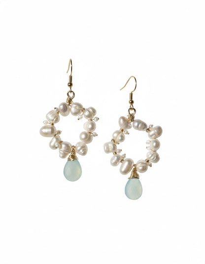 Handmade pearl cluster earrings with aqua blue gemstone - wedding jewelry