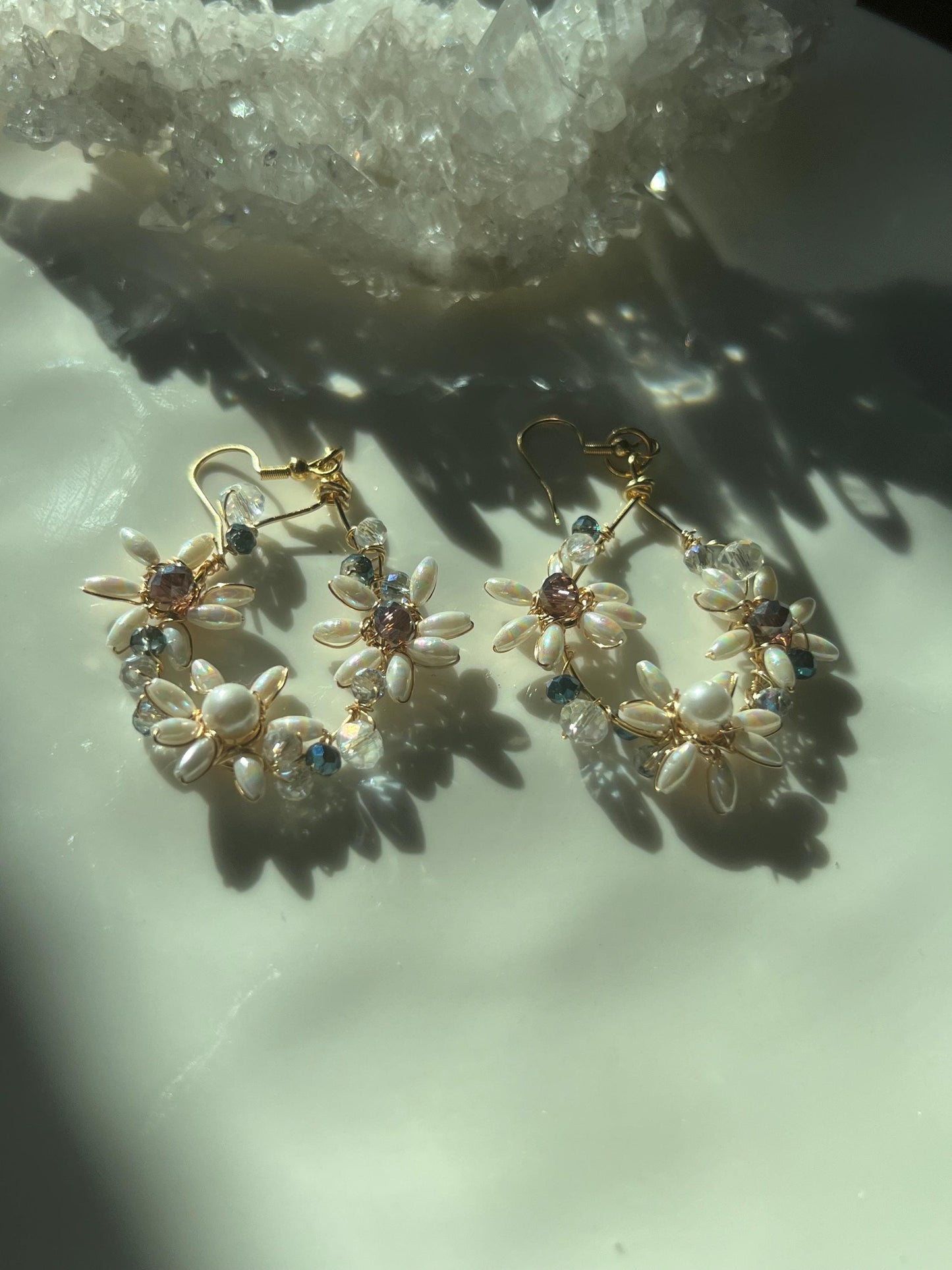 Handmade pearl crystal dangle earrings - formal event prom wedding jewelry