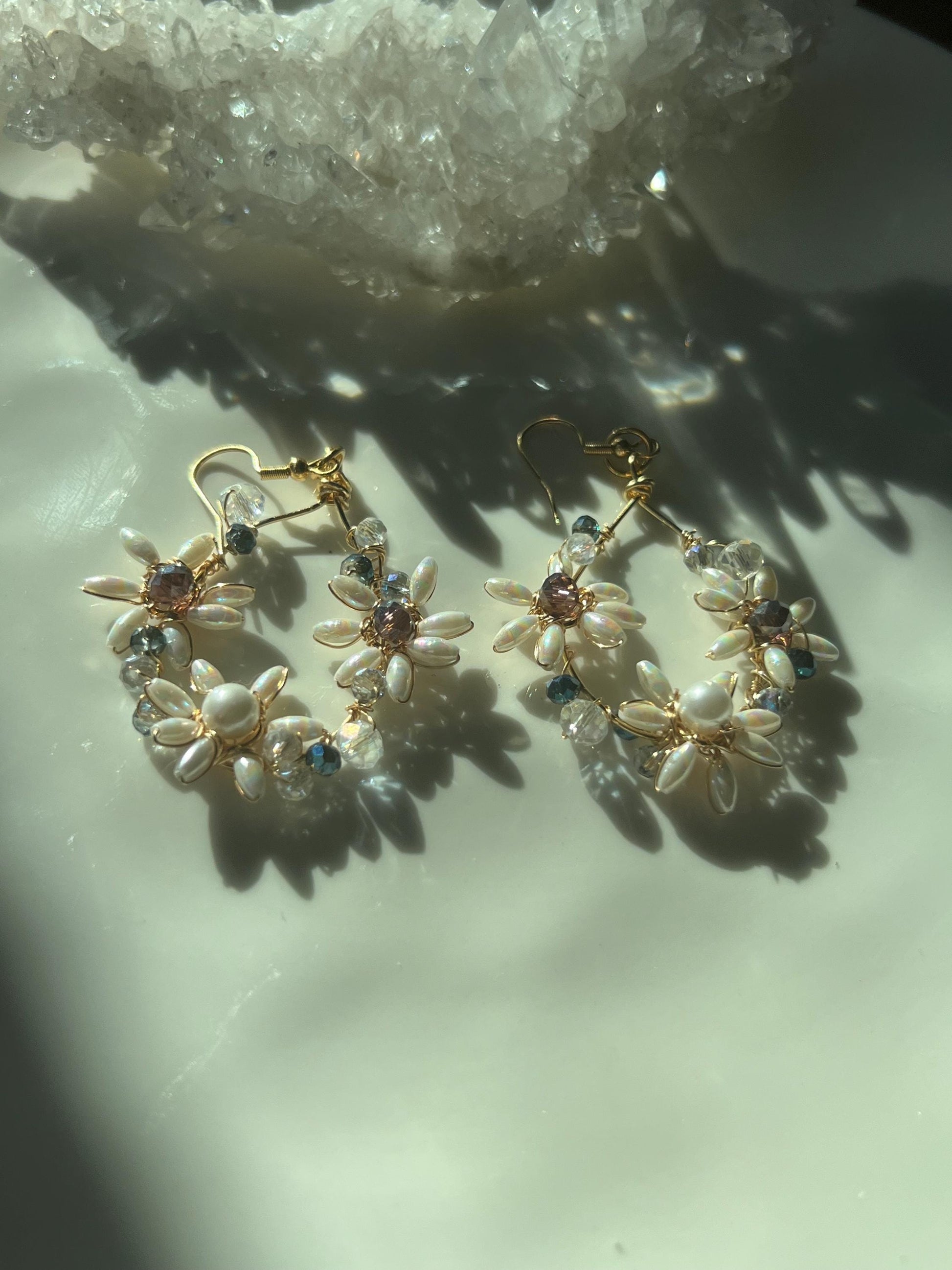 Handmade pearl crystal dangle earrings - formal event prom wedding jewelry