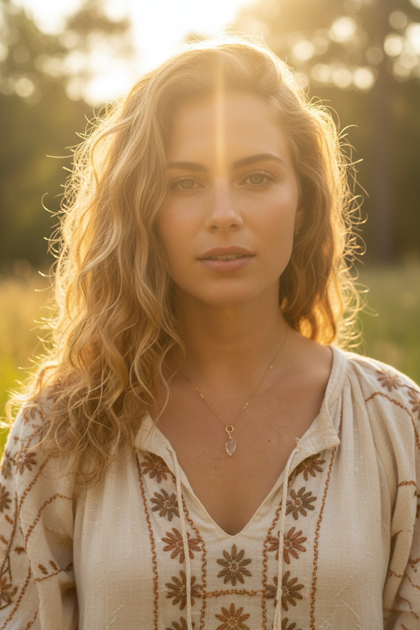 Handmade quartz crystal necklace with leaf shaped stone - minimalist botanical jewelry