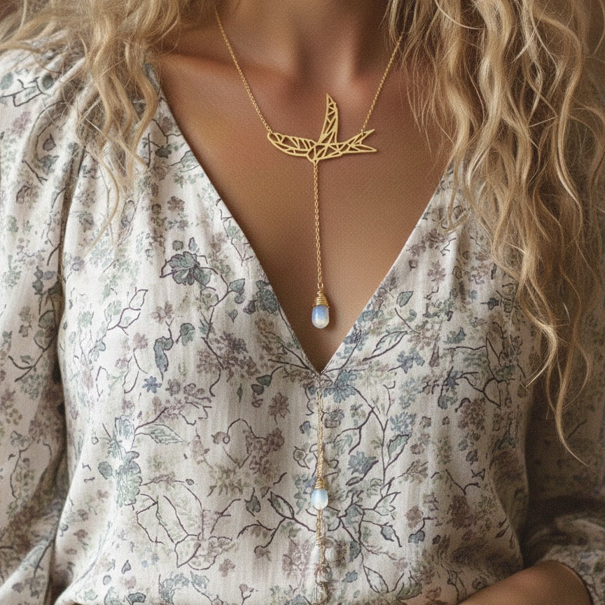 Handmade rainbow moonstone Y necklace with bird charm - birthstone jewelry gift