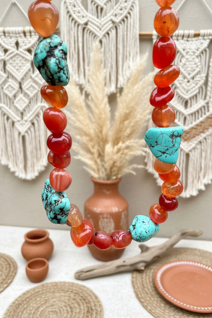 Handmade red agate turquoise necklace - natural gemstone beaded statement piece