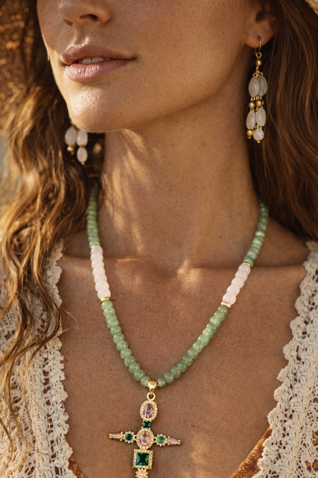 Handmade rose quartz amazonite necklace - faith inspired cross jewelry California