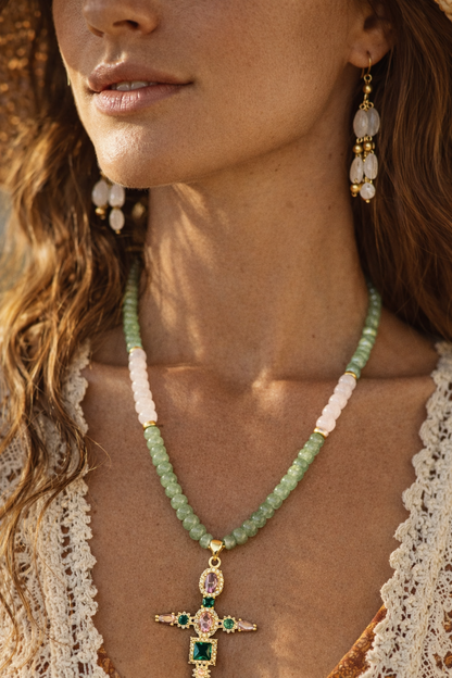 Handmade rose quartz amazonite necklace - faith inspired cross jewelry California