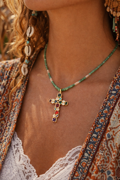 Handmade stone cross necklace detail