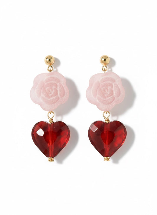 Heart flower earrings crystal pink romantic
