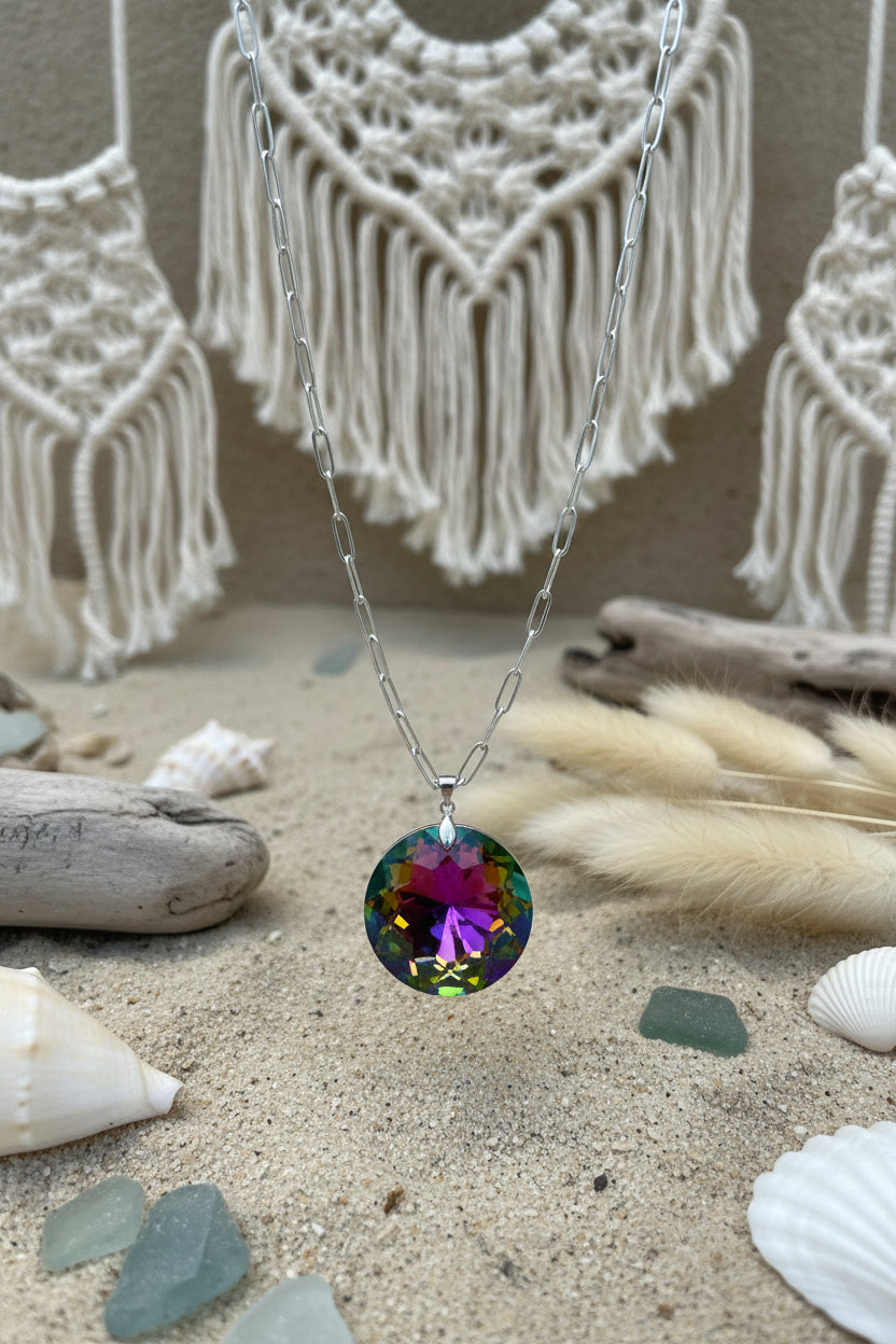 Hypoallergenic rainbow crystal necklace paperclip chain - ready to ship