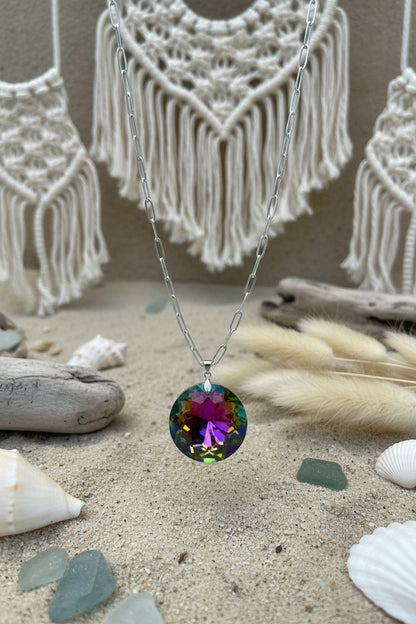 Hypoallergenic rainbow crystal necklace paperclip chain - ready to ship