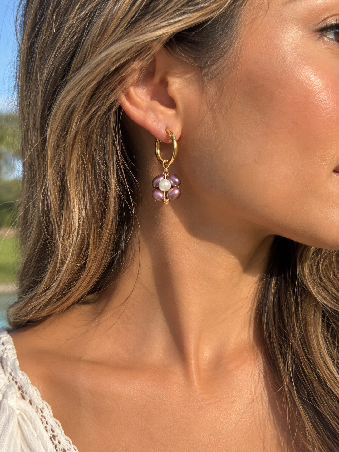 Freshwater Pearl Flower Hoop Earrings | Purple Pearl Gold Earrings | Handmade Jewelry