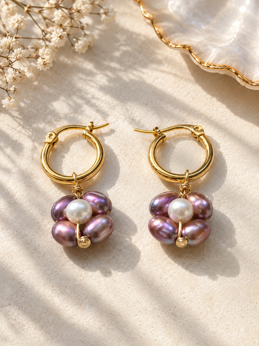 Freshwater Pearl Flower Hoop Earrings | Purple Pearl Gold Earrings | Handmade Jewelry
