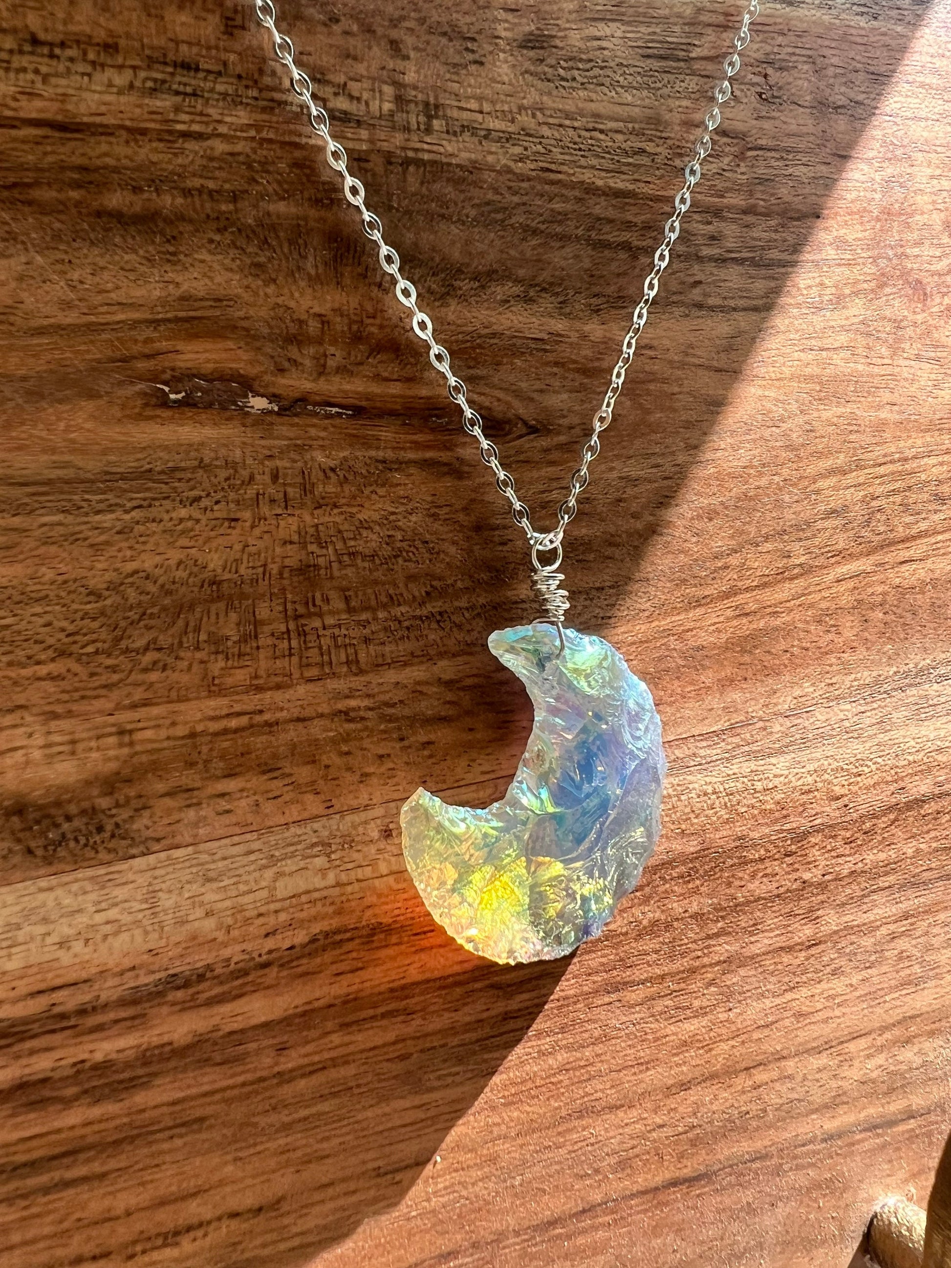 Iridescent opalite crescent moon necklace in gold - spiritual crystal jewelry handmade