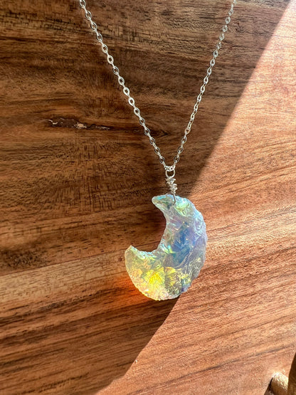 Iridescent opalite crescent moon necklace in gold - spiritual crystal jewelry handmade