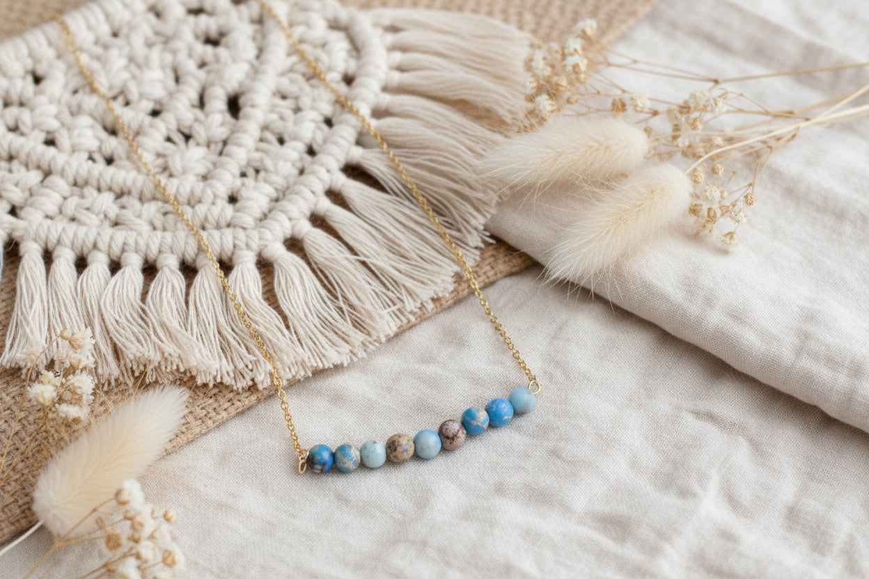 Jasper gemstone necklace sterling silver - dainty beaded necklace layering