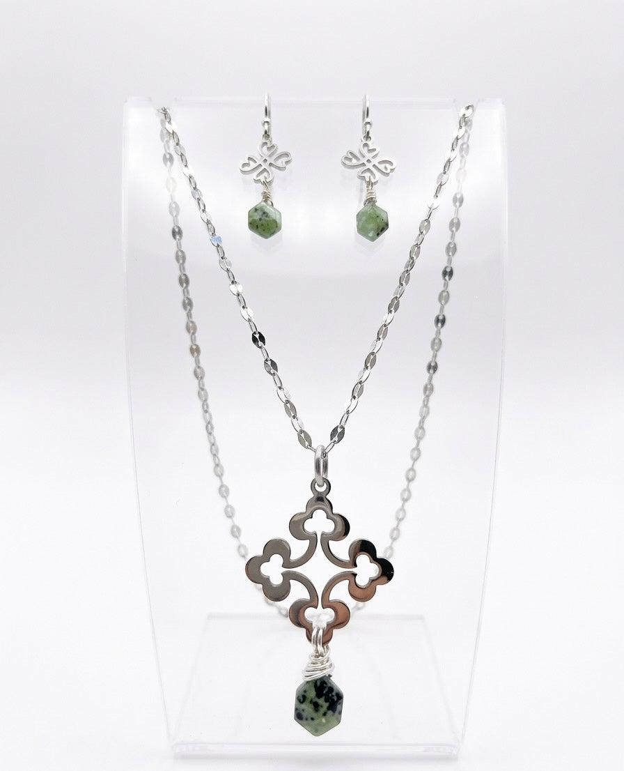 Kyanite cross necklace and earrings set - moss green natural stone waterproof tarnish-free jewelry