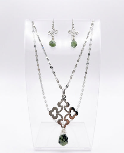 Kyanite cross necklace and earrings set - moss green natural stone waterproof tarnish-free jewelry