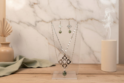 Kyanite cross necklace earrings set gift ready - moss green natural stone faith jewelry California handmade