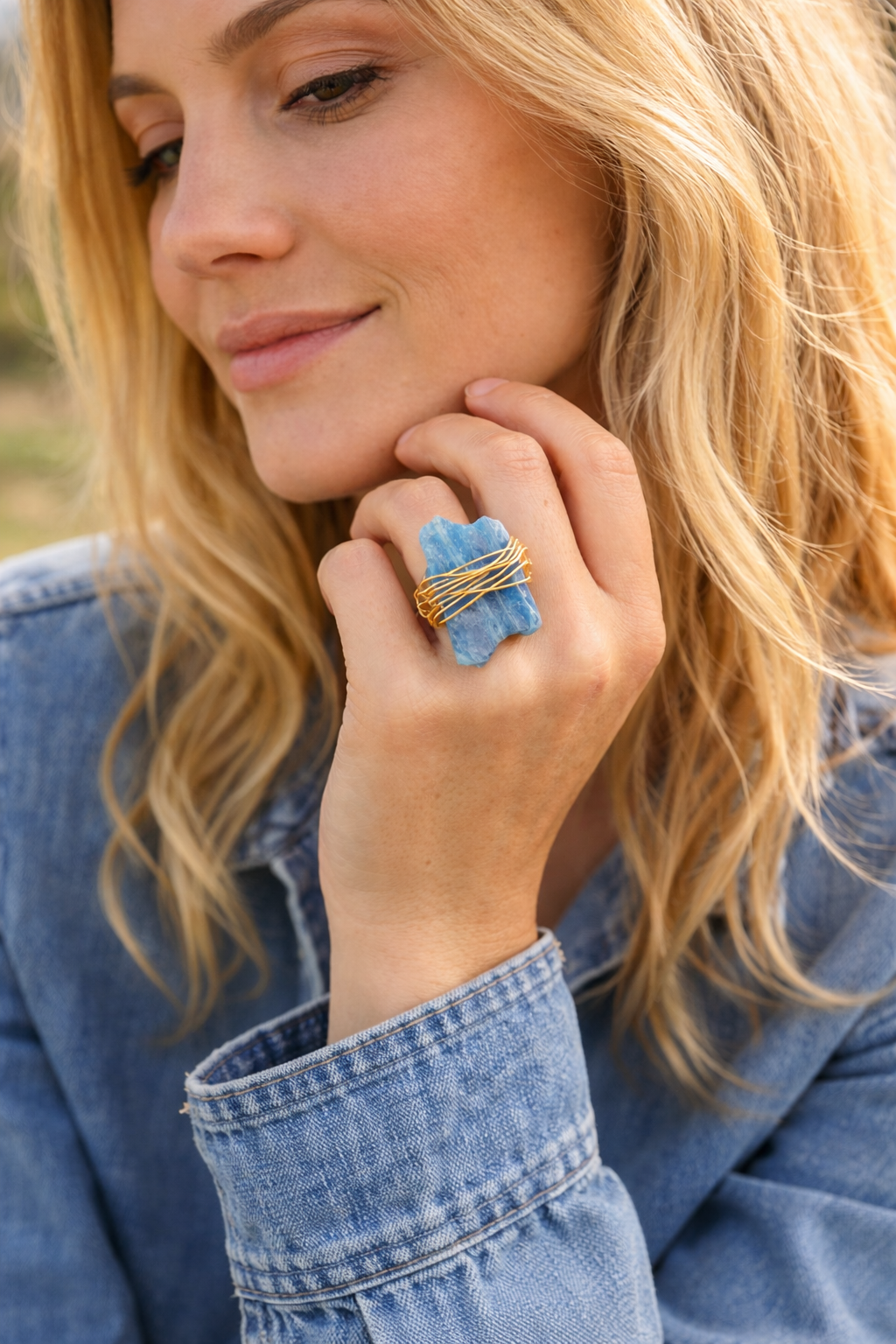 Kyanite ring detail - wire wrapped blue stone ring California handmade