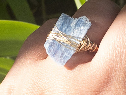 Kyanite ring on hand - wire wrapped healing crystal ring handmade