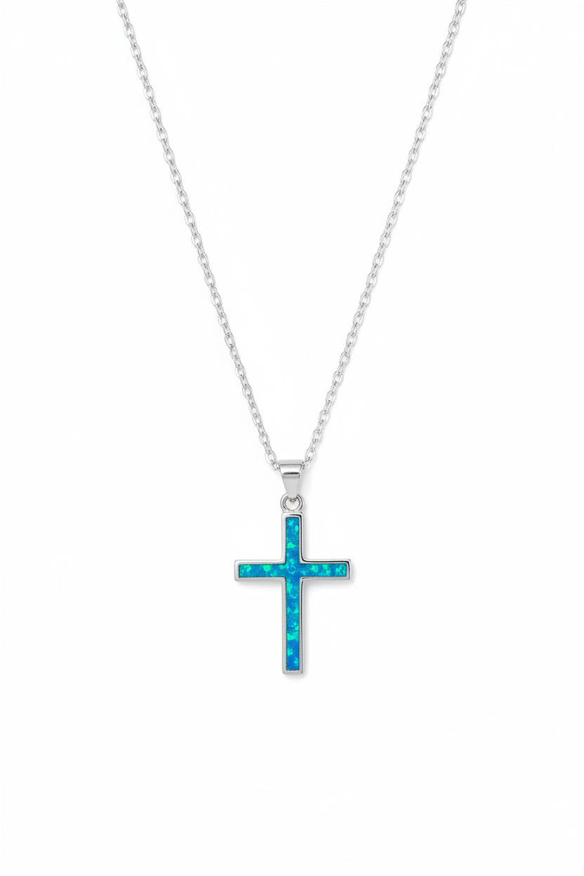 Lab opal cross necklace in sterling silver with blue opal pendant — dainty Christian jewelry

