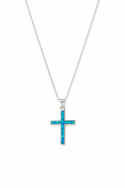 Lab opal cross necklace in sterling silver with blue opal pendant — dainty Christian jewelry

