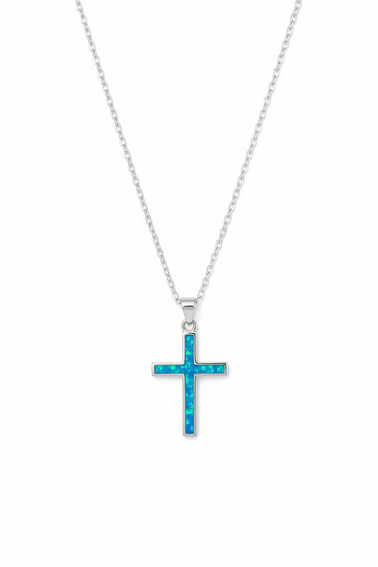 Lab opal cross necklace in sterling silver with blue opal pendant — dainty Christian jewelry

