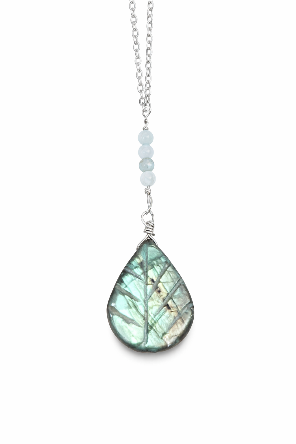 Labradorite Y necklace handmade with sterling silver - close up showing natural color flash