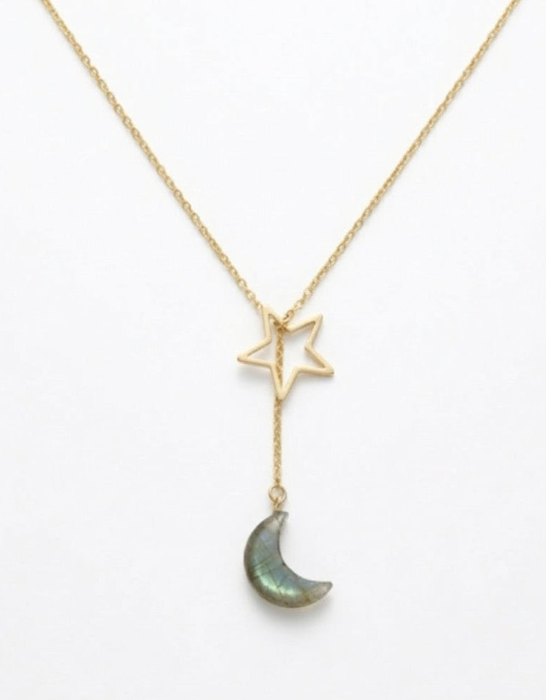 Labradorite crescent moon lariat necklace with star, 14k gold filled Y-necklace handcrafted in California