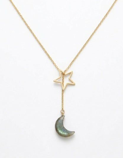 Labradorite crescent moon lariat necklace with star, 14k gold filled Y-necklace handcrafted in California