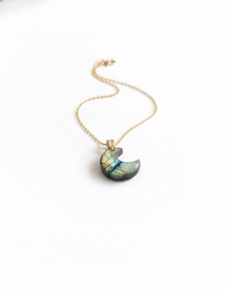 Labradorite crescent moon necklace - AAA hand carved gemstone wire wrapped