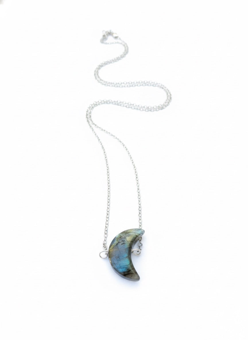 Labradorite crescent moon necklace handmade - wire wrapped celestial pendant with color flash