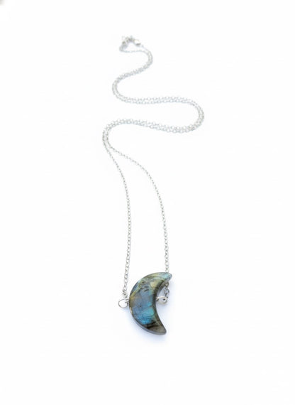 Labradorite crescent moon necklace handmade - wire wrapped celestial pendant with color flash