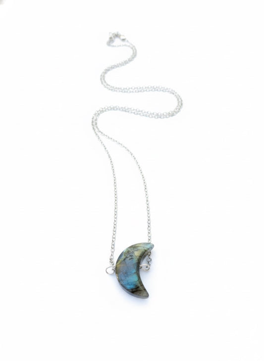 Labradorite crescent moon necklace handmade - wire wrapped celestial pendant with color flash