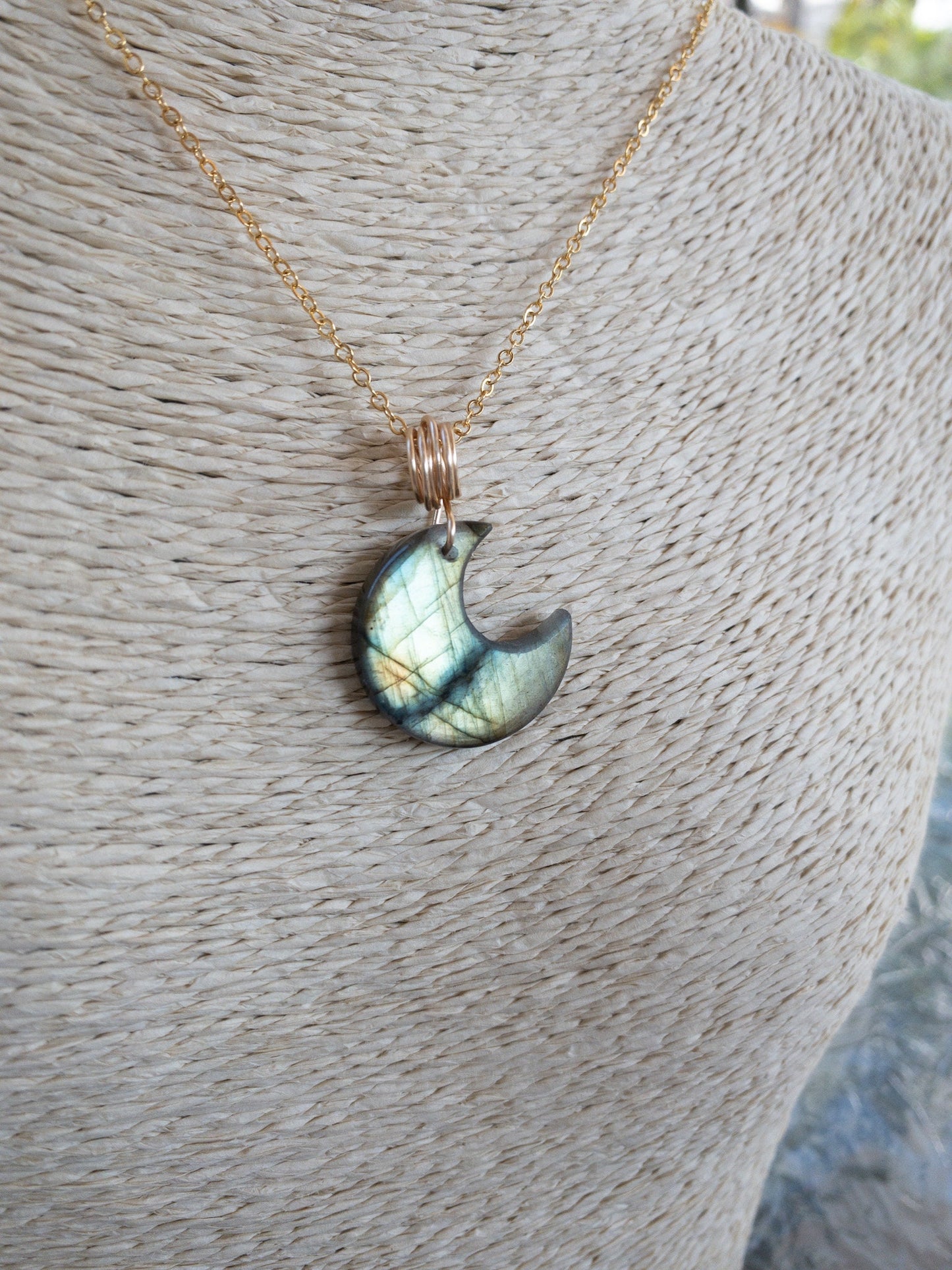 Labradorite crescent moon pendant - natural gemstone celestial necklace