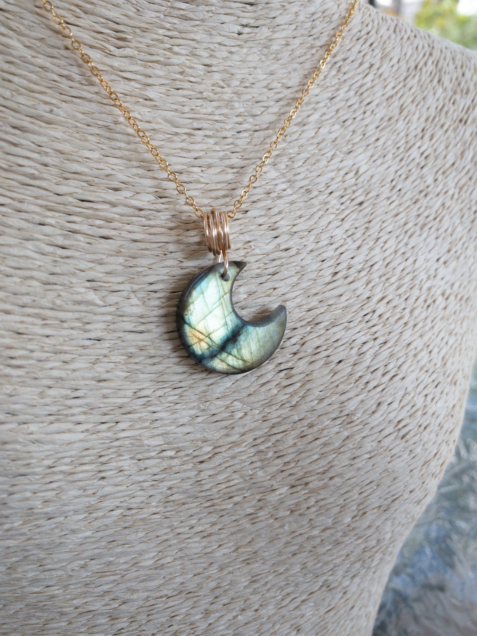 Labradorite crescent moon pendant - natural gemstone celestial necklace