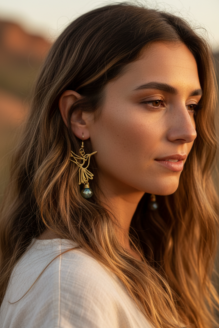 Labradorite hummingbird earrings - handmade bird earrings California