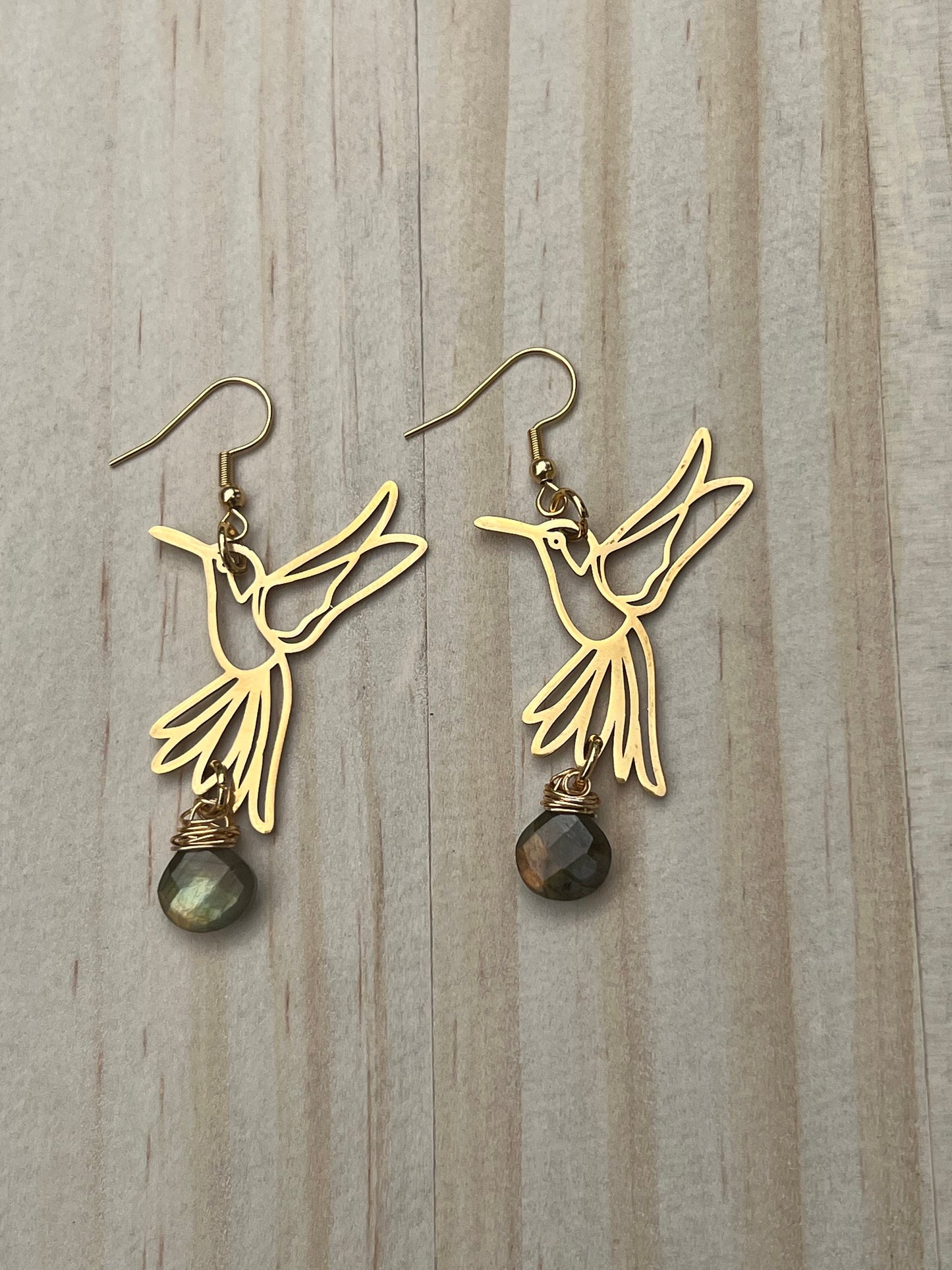 Labradorite hummingbird earrings on model - hypoallergenic healing crystal jewelry