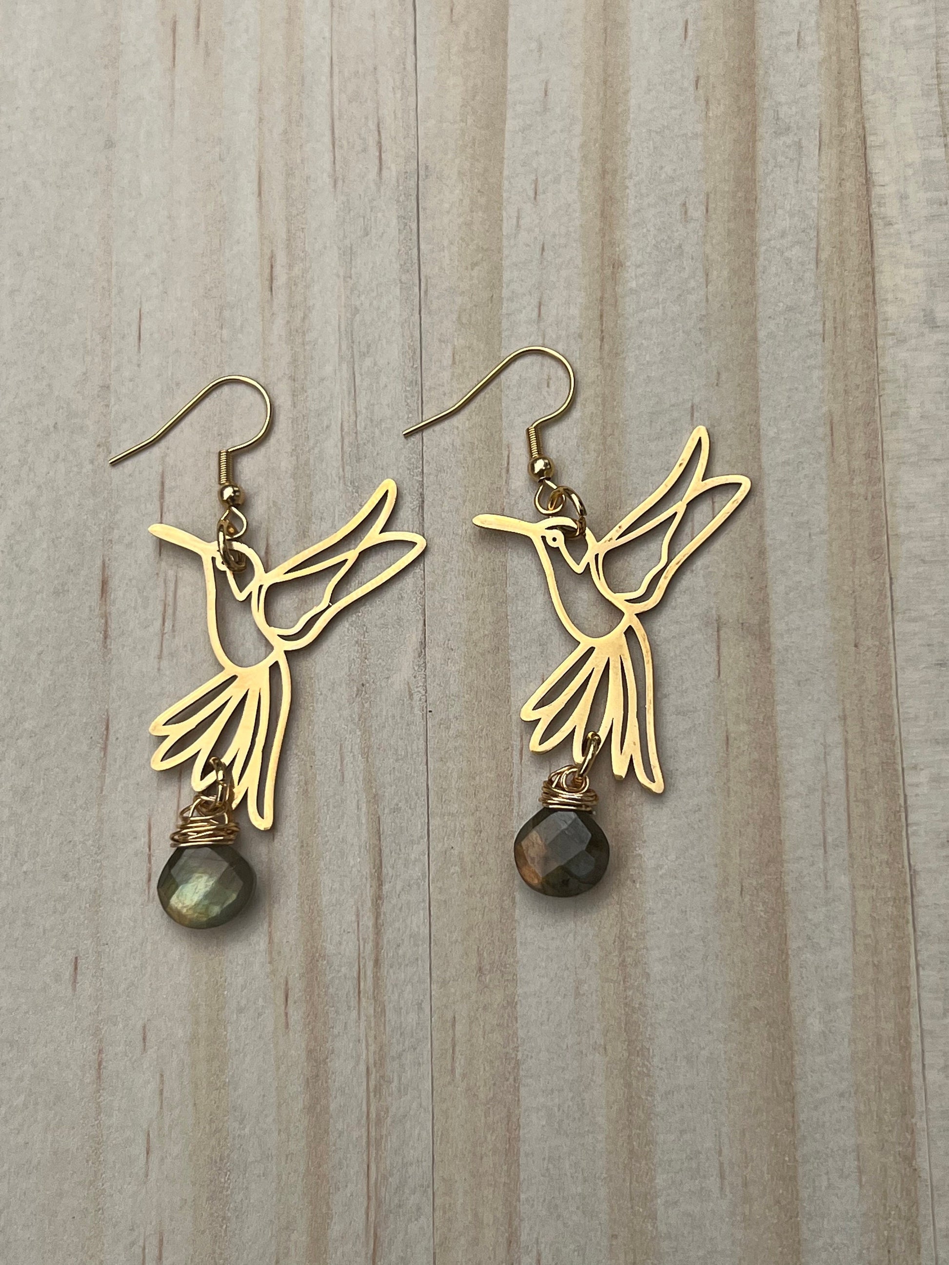 Labradorite hummingbird earrings on model - hypoallergenic healing crystal jewelry