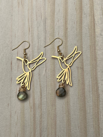 Labradorite hummingbird earrings on model - hypoallergenic healing crystal jewelry